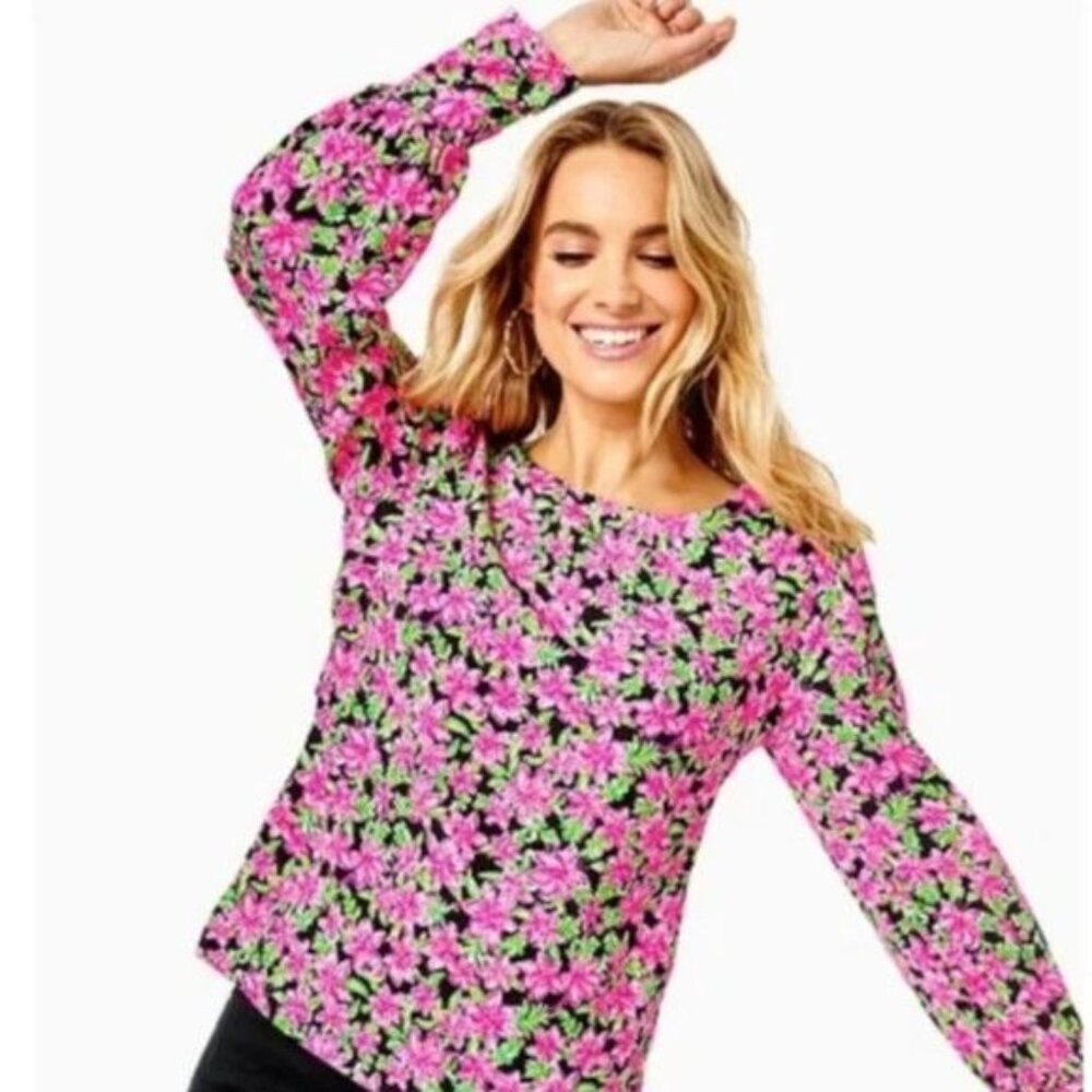 Lilly Pulitzer Lambert Blouse Top Onyx Floral Size Medium Pink Floral Zipper Cuf